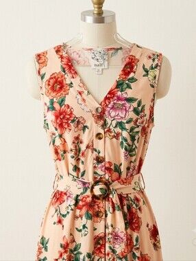 Naïf Floral Sleeveless Midi Dress w/ Belt, Size XL